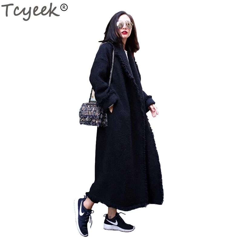 

Tcyeek Fashion Woolen Coat Super Long Thick Warm Women Jacket Winter manteaux hiver femme 2019 Suit Collar Coat Balck YYJ293