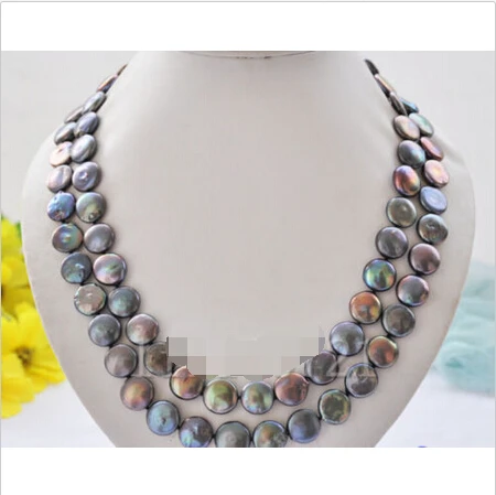 

Free shipping >>>>>2 Rows 13-14mm peacock black coin freshwater pearl necklace 17-18