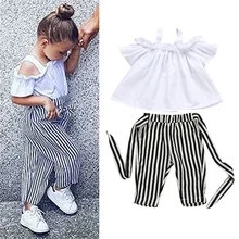 Модная детская одежда для маленьких девочек летние топы с открытыми плечами, футболка полосатые штаны, одежда для малышей комплект одежды для маленьких девочек