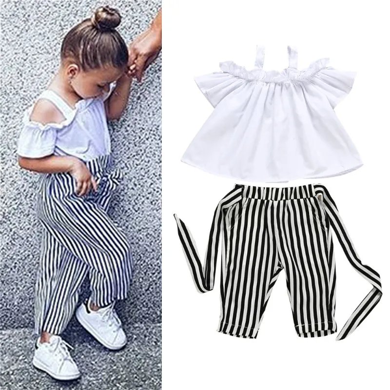 

2019 Fashion Kid Baby Girl Clothes Summer Off Shoulder Tops T-Shirt Stripe Pant Toddler Clothes Children Baby Girl Clothing Set