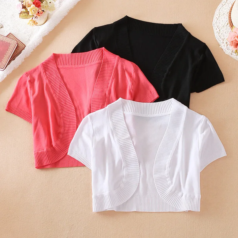 

Women Short Sleeve Solid Knit Cardigan Sweater Knitting Shawl Shrug Lady Short Cardigans Sweater Cropped Tops Coat Outwear