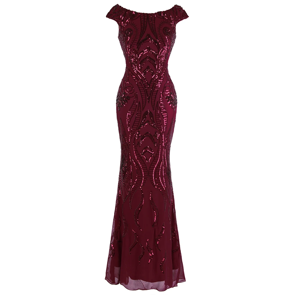 

Angel-fashions Women's Elegant Evening Dresses Cap Sleeve Sequin Mermaid Party Birthday Gown Wine Red 378