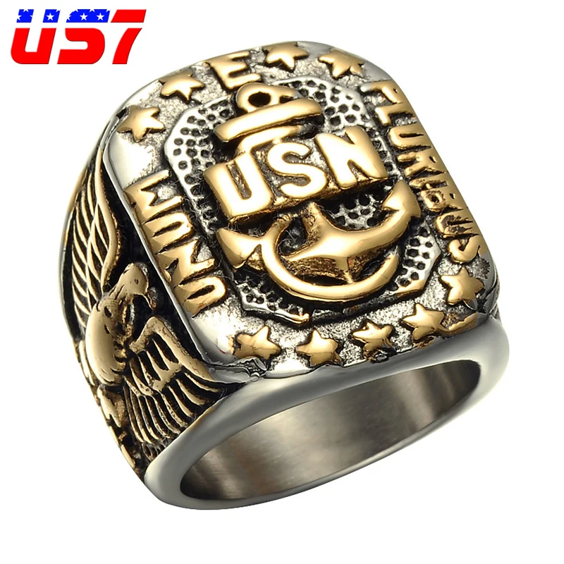 

US7 The US Navy Symbol USN Anchor Rings Mens Cool Heavy Gold/Silver Titanium Stainless Steel Eagle Rings for Men Jewelry Gift