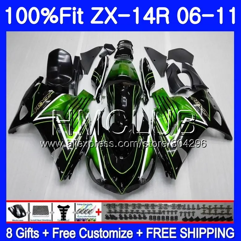 

Injection For KAWASAKI NINJA ZX 14R ZX14R 06 07 08 09 10 49HM.0 ZZR1400 ZX-14R 2006 2007 2008 2009 2010 Fairings Green black hot
