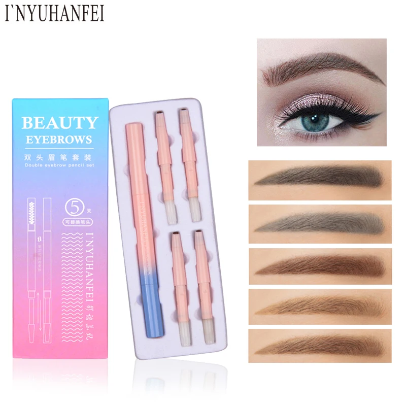 

Brand Eyes Brow Pencils Makeup Set Waterproof Pigmented Gray Black Brown Eyebrow Pencil 5pcs Refill Kit Makeup Cosmetics Korean