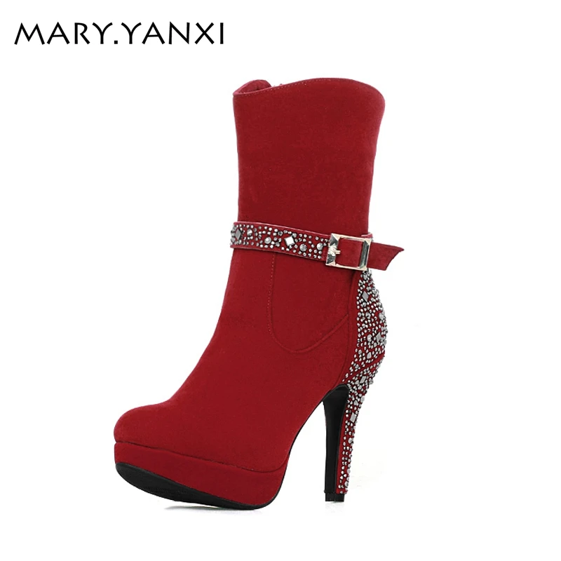 

Big size women shoes high heels mid calf boots for women crystal boots flock leather fashion metal buckle shoes platform boots