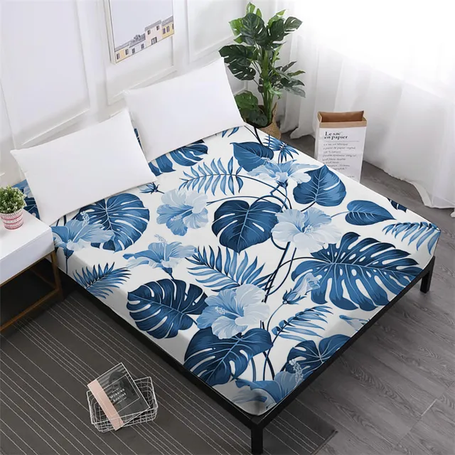 Blue Green Leaves Bed Sheets Plant Print Fitted Sheet Summer Bedclothes Elastic Band Mattress