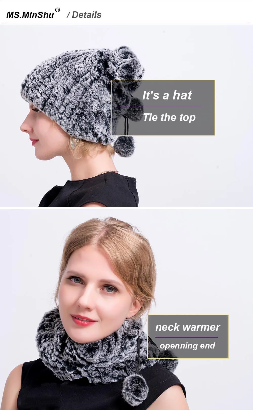 Knit rex rabbit hat neck warmer details 2jpg
