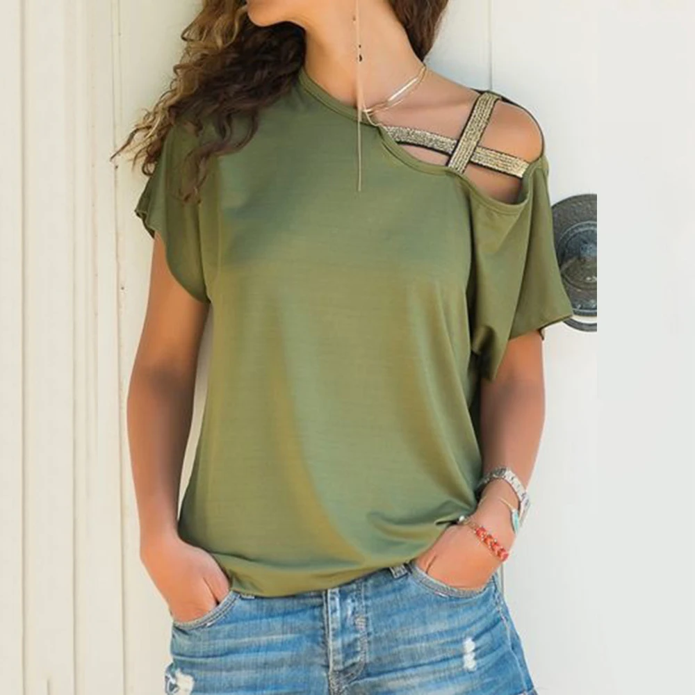 

Irregular Short Sleeve One Shoulder Women's Shirt Sexy Female T-shirt Loose Plus Size Tops Casual Solid Summer Women Tee Shirt