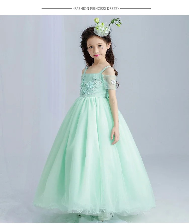 Новое летнее зеленое Элегантное Длинное Свадебное платье с цветочным узором для девочек, детское платье до щиколотки с аппликацией, платье