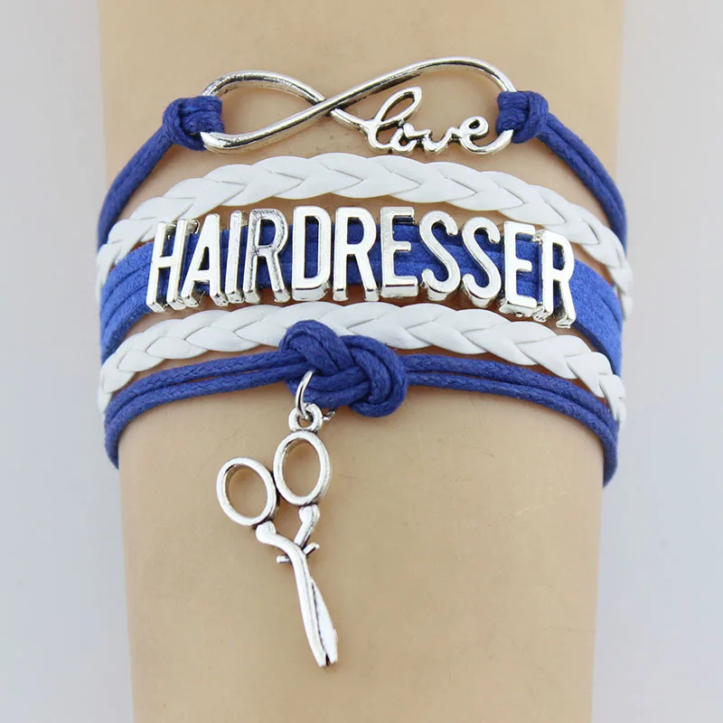 Pingente de tesoura de cabelo banhado a prata do infinito, cabeleireiro do amor, tesoura, pulseira ajustável de couro, pulseiras femininas, homens, joias com 10 peças