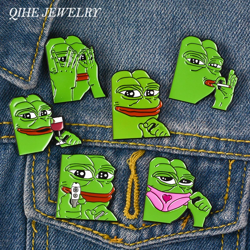 

QIHE JEWELRY Pepe the frog meme Enamel pins Collection Pin Back Badges Brooches Feels bad man Feels good man