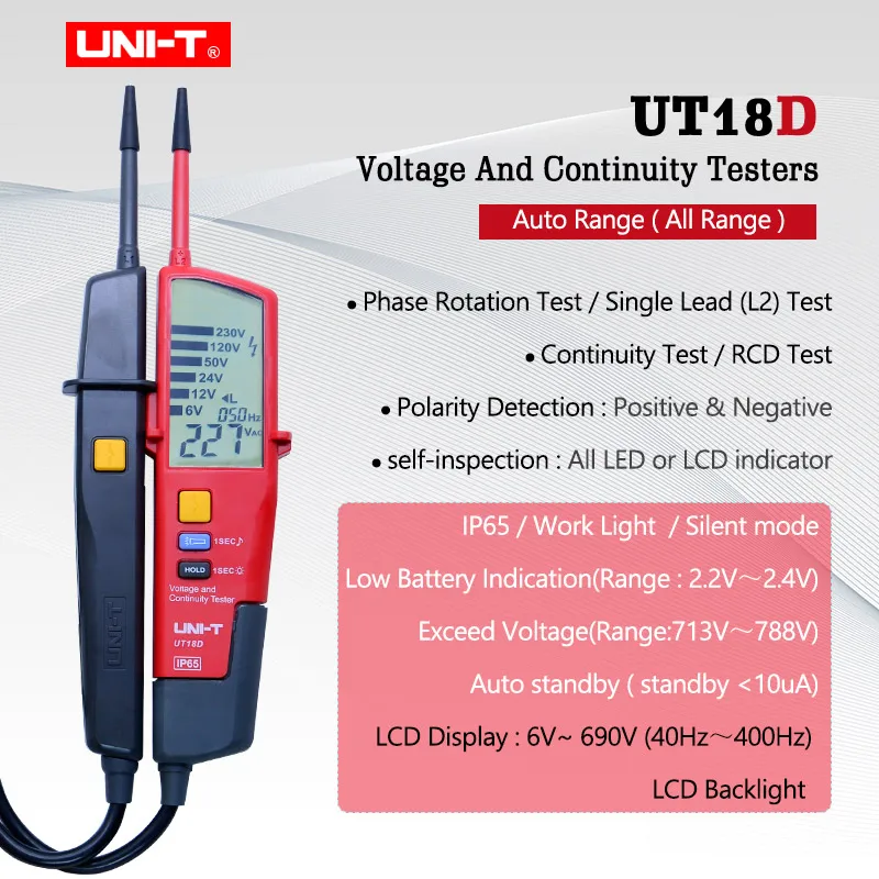 UNI-T UT18A UT18B UT18C UT18D Авто диапазон Вольтметр цифровой вольтметр тестер напряжения ручка со светодиодный индикацией - Цвет: UT18D