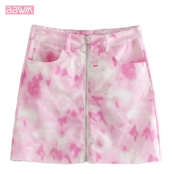 

Women's retro tie dyed printed edging zipper denim skirt high waist slim slimming casual A-line skirt 2019 summer