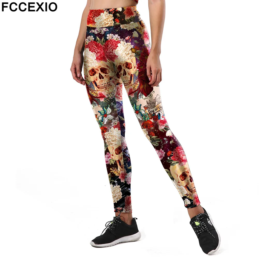 

FCCEXIO New Style Fashion Leggings Women Sporting Flower Skull Fitness Leggins 3D Printed Head Pattern Pants High Waist Trousers