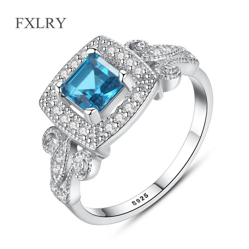 

FXLRY Fine Jewelry S925 Sterling Silver Micro Inlay Zircon Geometric London Blue Stone Rings For Women Girl Party Anniversary