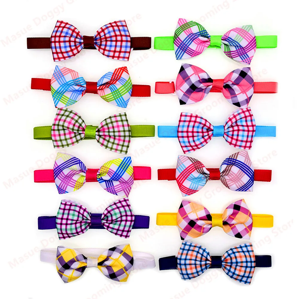 

New 100pcs Pet Dog Cat Neck Accessories Plaid style Pet Dog Cat Bowties Grid Dog Cat Ties Bow Tie Pet &Cat Grooming Supplies