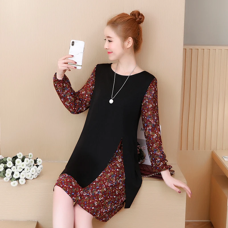 5XL лоскутное платье с принтом для женщин 2019 весна новые женские платья длинным
