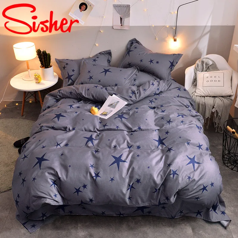 

Sisher Home Textile Adult Bedding Set Grey Star/Stripe/Leaf Printed Bed Duvet Cover+Pillowcase Single Double Queen King