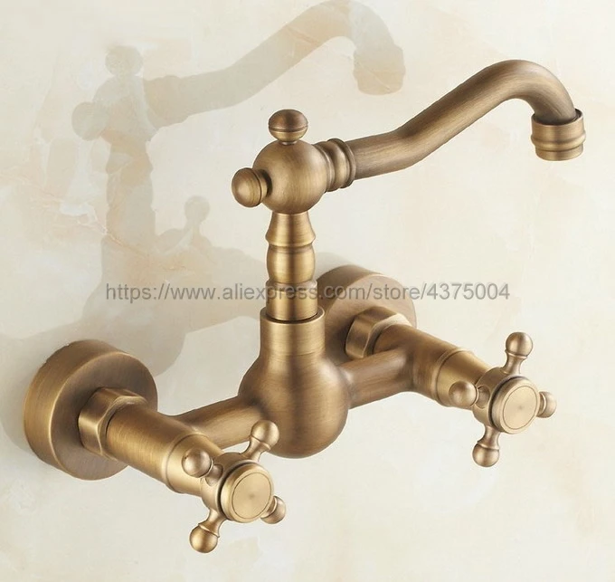 

Antique Brass Swivel Spout Kitchen Sink Faucet / Wall Mounted Dual Cross Handles Bathroom Basin Mixer Taps Ntf003