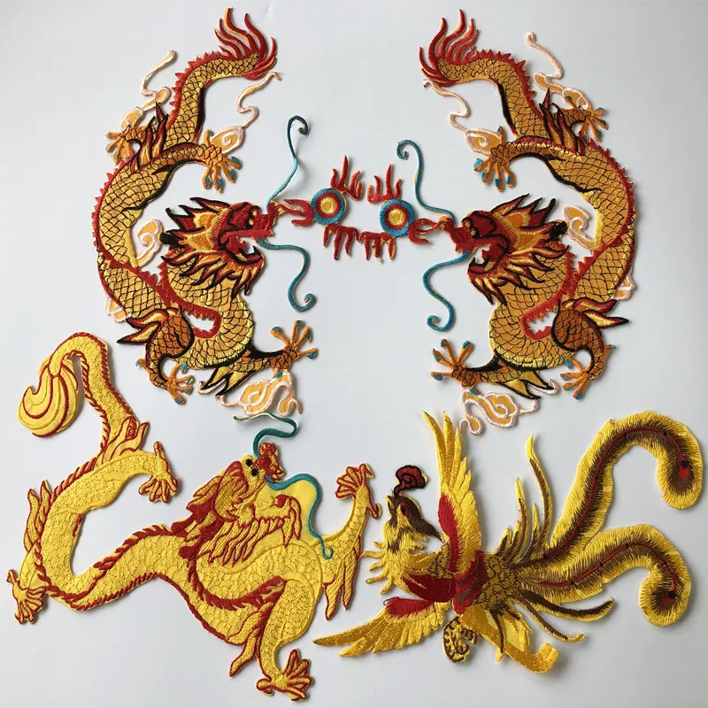 

SASKIA 1Pcs Chinese Embroidered Gold Dragon Patches Embroidery Phoenix Patch Iron On Cosplay Clothing Applique Costume Diy Stick