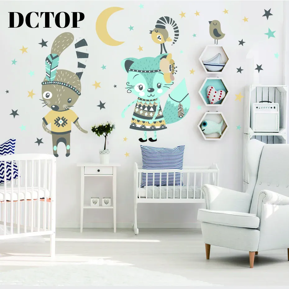 Lovely Tribe Mr Rabbit and Ms Cat Sticker Children kid Moon Stars Decals Home Art Bedroom Nursery Room Door Decoration Wallpaper (4)