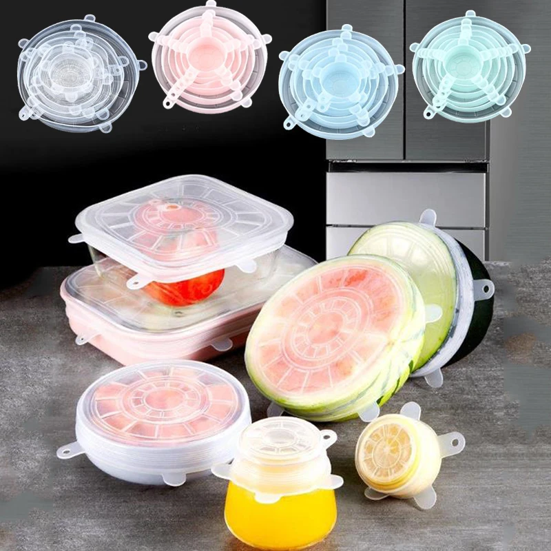 

6PCS Silicone Stretch Lids Universal Silicone Food Wrap Bowl Pot Lid Silicone Cover Pan Cooking Kitchen Accessories