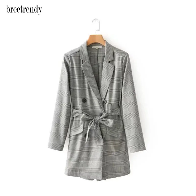 

KZ1826 Brief Checked Print Long Sleeve Turn Down Collar Belts Deco Double Breasted Jumpsuit Women Casual Blazer Style Playsuit