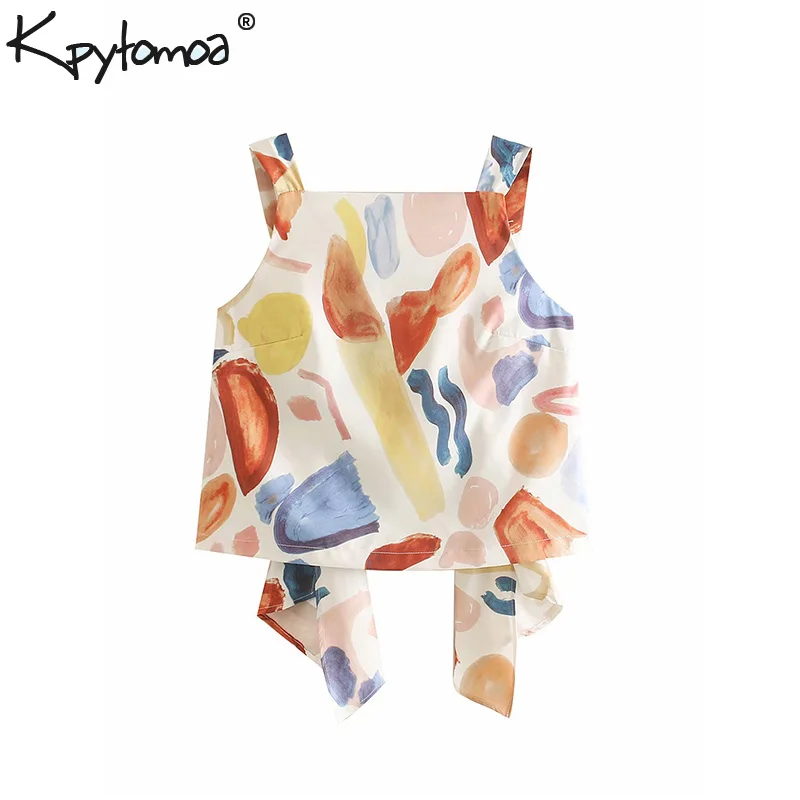 

Vintage Stylish Graffiti Print Short Tops Women Camis 2019 Fashion Backless Adjustable Strap Ladies Blouses Casual Blusas Mujer