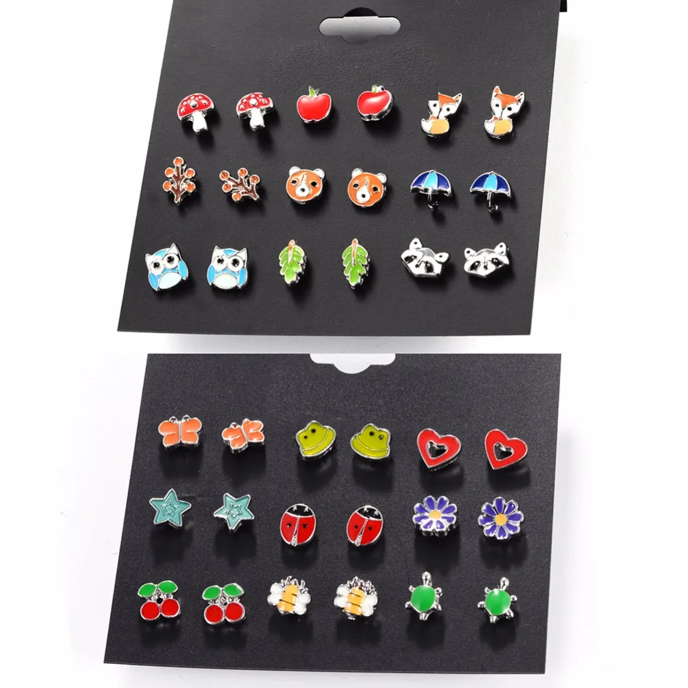 

9 Pairs/Set Cute Kids Animal Fruit Earrings Women's Small Butterfly Ladybug Frog Fox Bear Owl Ear Studs Jewelry Gift