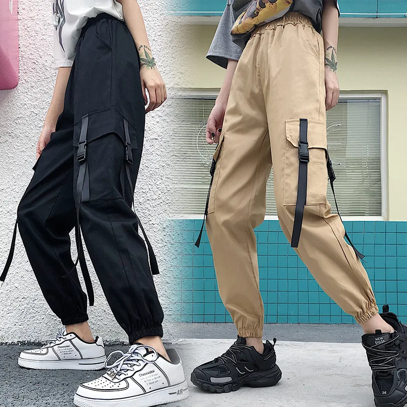 

streetwear harem cargo pants women high waist pants summer 2019 overalls packet belt decoration ladies sweatpants trousers