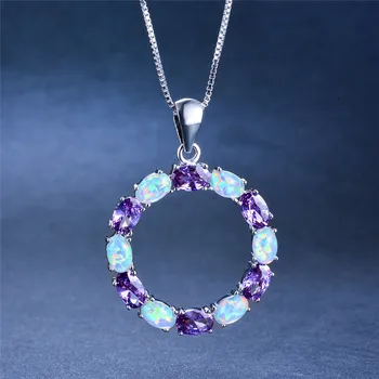 

Luxury Female Big Oval Pendants Necklaces Fashion Silver Color Purple Necklace Blue White Fire Opal Necklaces For Women