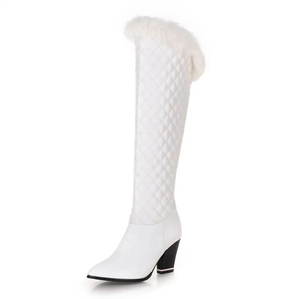 Karinluna/ г.; большие размеры 34-43; сапоги до колена на не сужающемся книзу массивном каблуке с острым носком; женская обувь; ботинки белого и черного цвета; женская обувь - Цвет: Белый