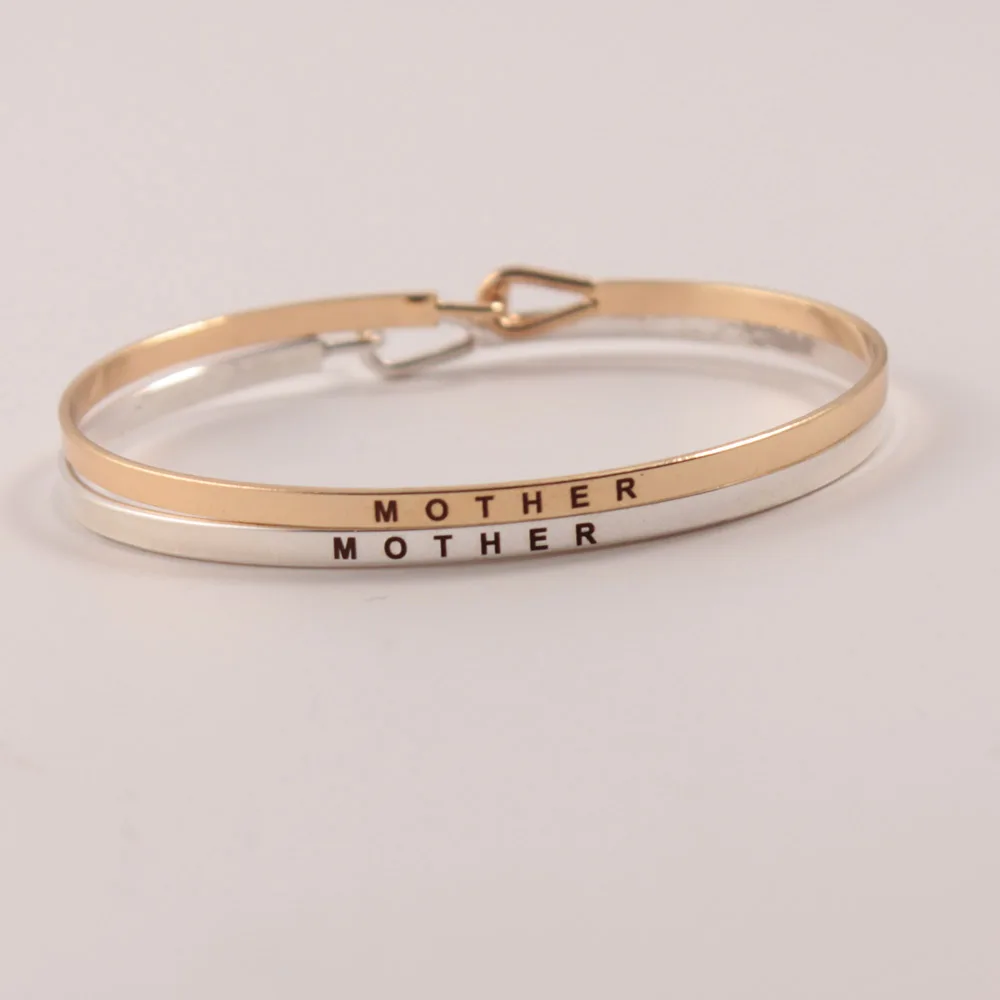 

10pcs/lot Silver Gold Fashion Copper Bangle Engraved"MOTHER"Positive Inspirational Quote Mantra Bracelet Cuff Bangle For Women