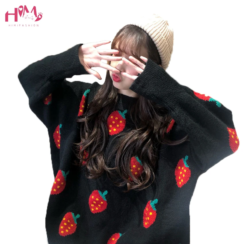 Fashions Women Knitted Sweater Autumn Long Sleeved Strawberry Christmas Pullovers Korean Casual Oversized Loose Sweaters | Женская
