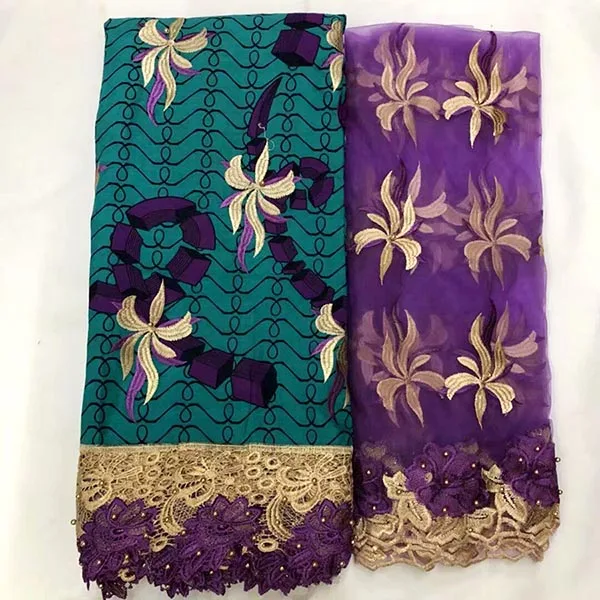 

Ankara lace fabric 2018 new design African lace Fabric/ high quality Super Wax Hollandais with embroidered tulle lace 8 yard/lot
