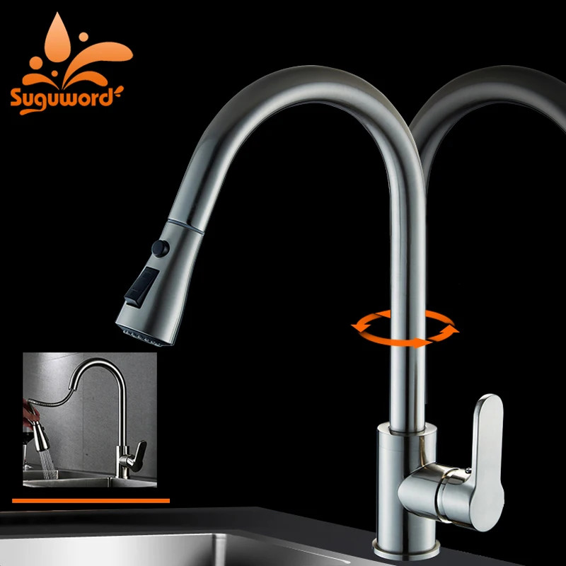 

Suguword Brushed Nickel Kitchen Faucet Deck Mounted Mixer Tap Ceramic Valve Hot Cold Switch Pull Out Spout