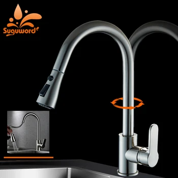 

Suguword Brushed Nickel Kitchen Faucet Deck Mounted Mixer Tap Ceramic Valve Hot Cold Switch Pull Out Spout
