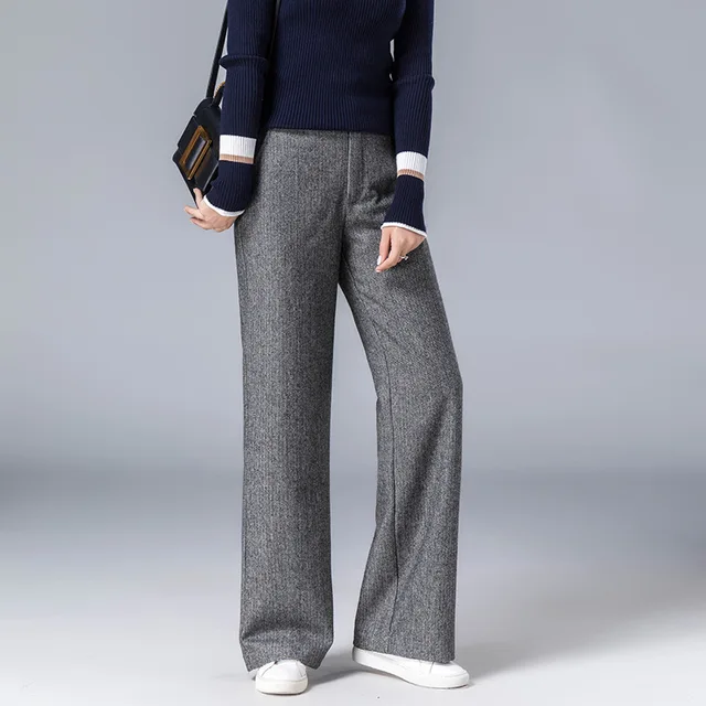 2018 autumn and winter new herringbone pattern high waist wool wide leg