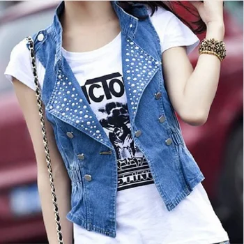 

Nice Denim Vest Women Sleeveless Cardigan Washed Sequin Rivet Studs Jean Waist Coat Jacket Outerwear Plus Size 4XL Q144