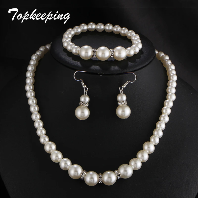 

Topkeeping Brand Women Fashion Jewelry Classic Imitation Pearl Clear Crystal Elegant Party Gift Luxury Costume Beads Jewelry Set