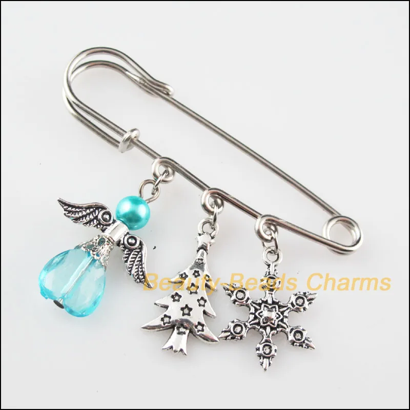 

Tibetan Silver Tone Safety Pin Brooch Angel Christmas Tree Flower Charms Handmade