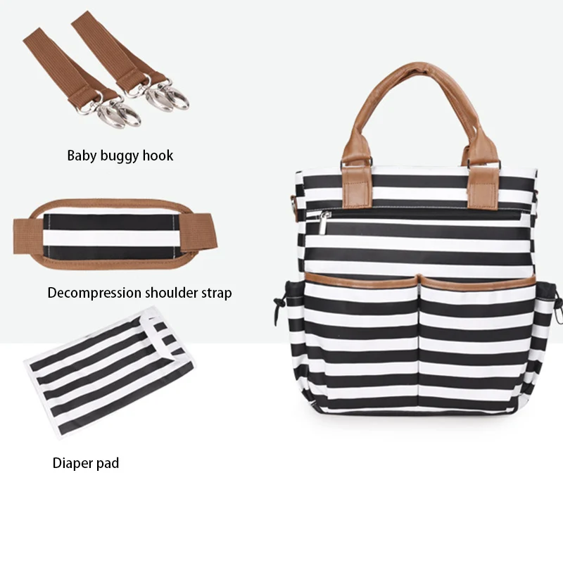 4 PcsSet Baby Diaper Bag Canvas Stripe Large Capacity Mummy Nappy Bags Fashion Mother Handbag Stroller Hook Shoulder Bag BB6006 (10)