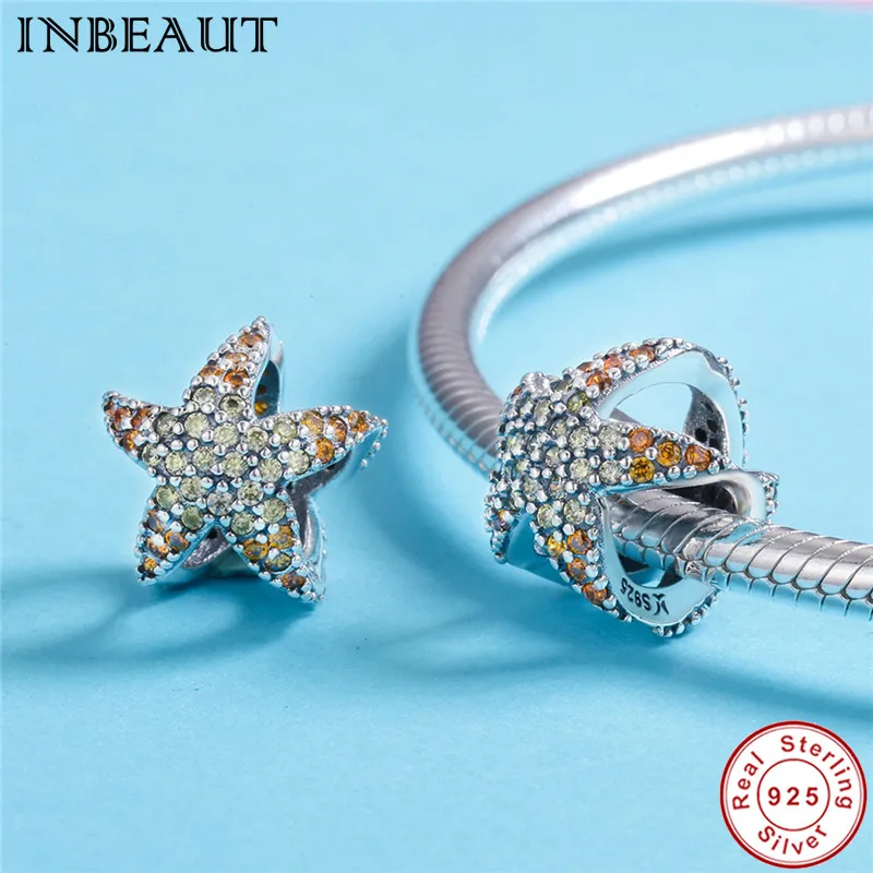 

INBEAUT Women Cute CZ Star Beads 925 Sterling Silver Brown&Yellow Cubic Zirconia Starfish Charm fit Pandora Trendy Bracelet