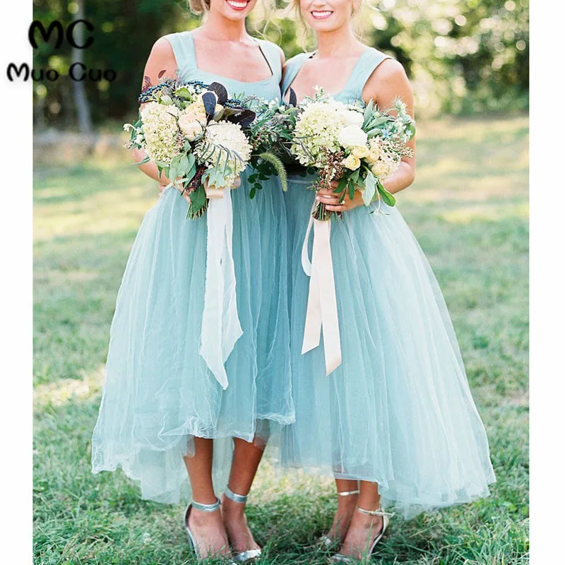 A-line Square High-Low Tulle Beaded Simple Bridesmaid Dresses