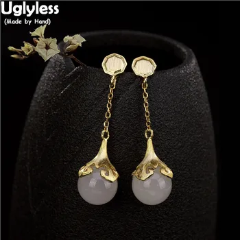 

Uglyless 100% Real 925 Sterling Silver Natural White Jade Balls Earrings for Women Exotic Fine Jewelry Gold Plated Earrings Gems