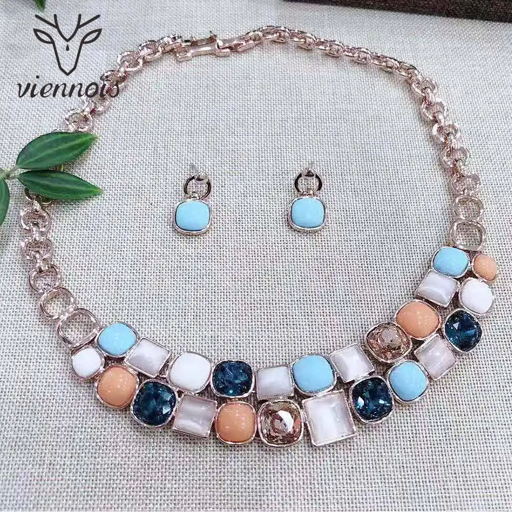 

Viennois Rose Gold Color Necklace Set For Women Geometric Colorful Rhinestone Dangle Earrings Set Party Jewelry Set 2019