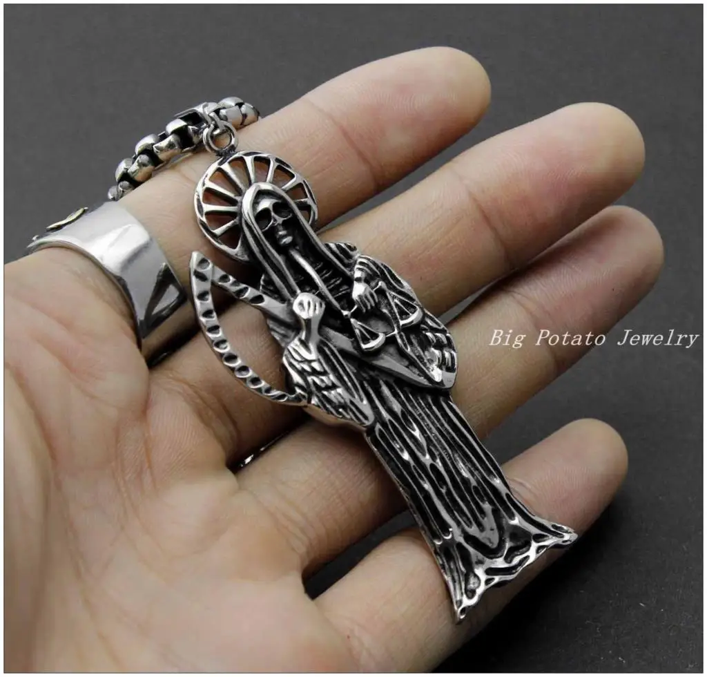 

Free Shipp!Silver Holy Saint Death Santa Muerte Skull Biker Mens Pendant Necklace Stainless Steel Jewelry 24" Rolo Chain Hip Hop