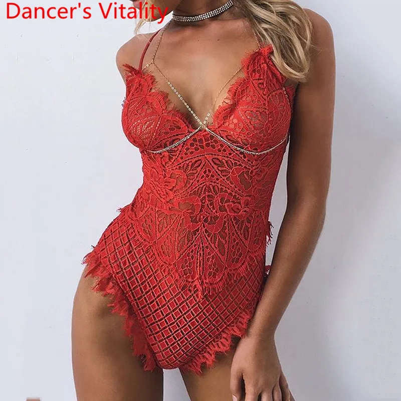 

New Nightclub Cut out Sheer High Split Body Suit Bar Sexy DS Singer Pole Jazz Dancing Performance Costume Women Lace Garments