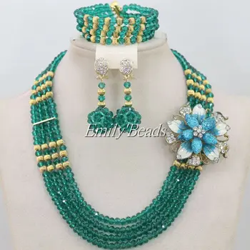 

Teal Green African Crystal Beads Necklaces Jewelry Set Nigerian Wedding Indian Bridal Jewelry Sets Free Shipping AIJ075